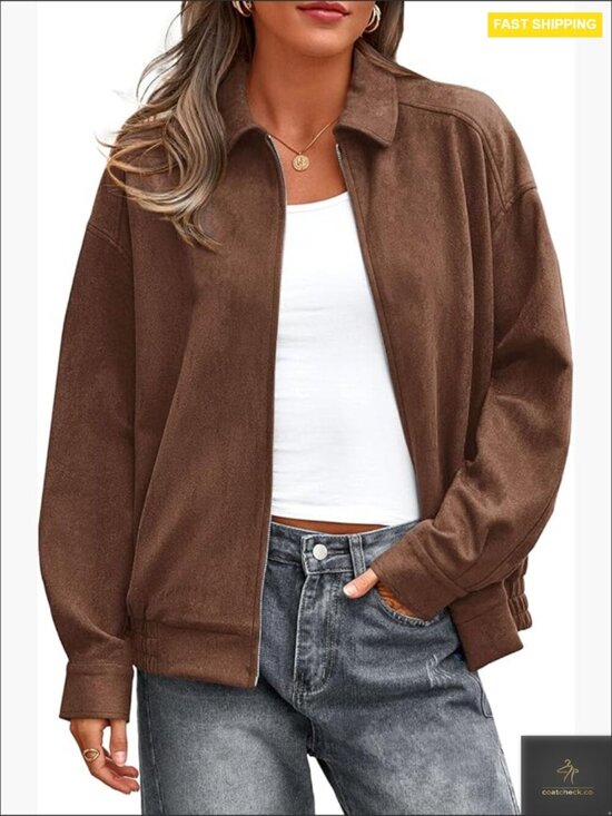 Jackets & Blazers - Faux Suede Bomber Jacket Oversized Aviator Style Zip Up Relaxed Fit
